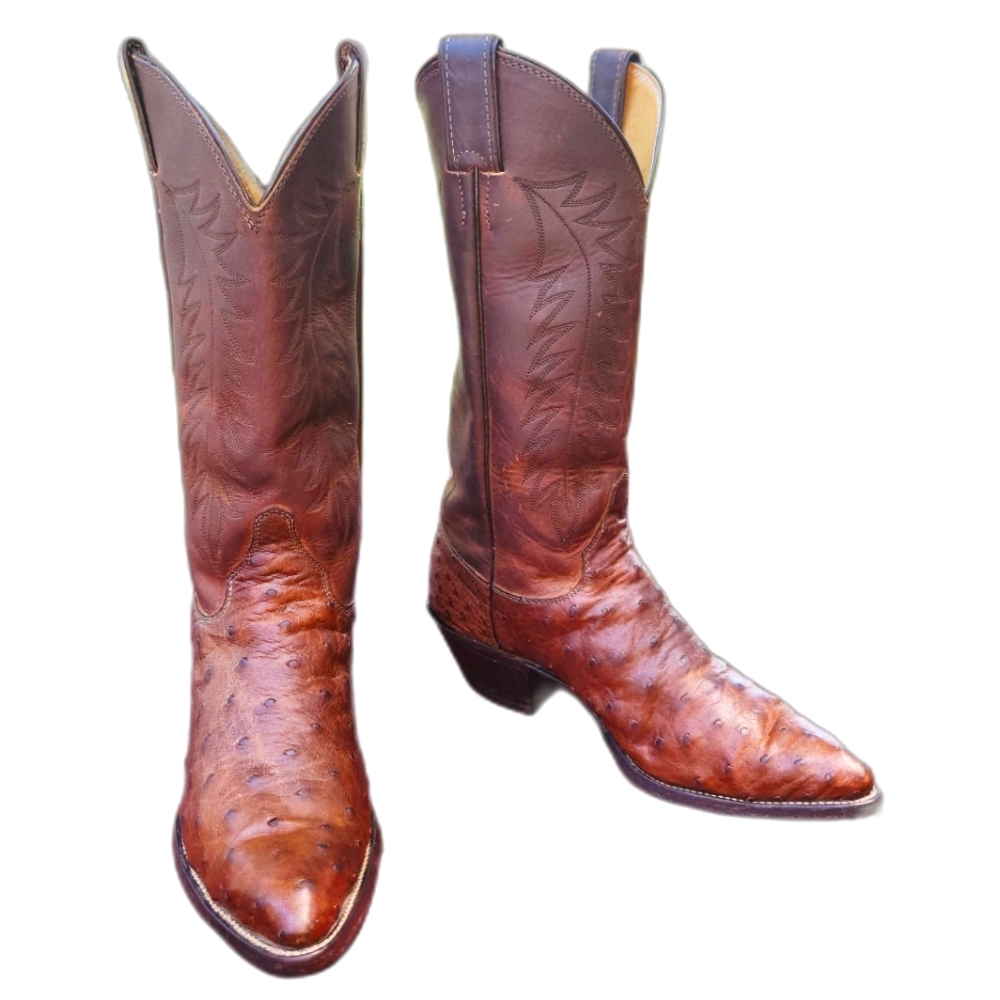 Vintage men's Justin full quill ostrich boots brown leather style 41858 sz 7.5 B